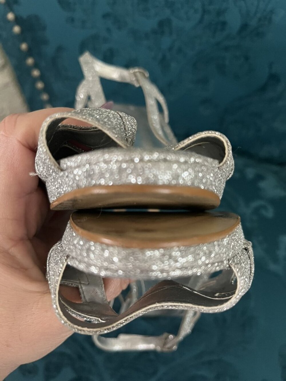 Fernanda Mourão Silver Glitter Slingback Heels Size 9 4.25" Stiletto Open Toe - Picture 8 of 14